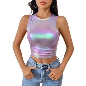 Floerns Women's Metallic Glitter Crew Neck Tank Top Ruched Sleeveless Party Crop Tops, Large, Purple