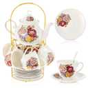 Zhehao 20 Pcs Porcelain Tea Set with Metal Holder and Spoon Adult Ceramic Tea Set European Flower Painting Teapot Cup Saucer Spoon for Women Mom Gift, Large Version (Groovy Style)