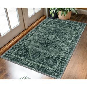 KOZYFLY Boho Area Rug 3x5 Ft Rugs for Entryway Washable Entry Rug Non Slip Door Mat Indoor Entrance Printed Faux Wool Throw Rugs for Entrance Kitchen Living Room, Dark Green