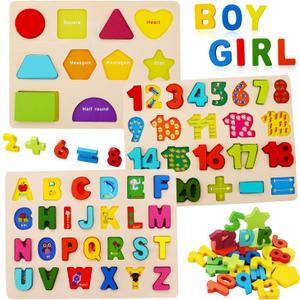Wooden Puzzles for Toddlers, Kesletney Wooden Alphabet Number Shape Learning Puzzles for Kids, 3 in 1 Montessori Preschool Educational Toys for Boys Girls Ages 3 4 5 Years Old