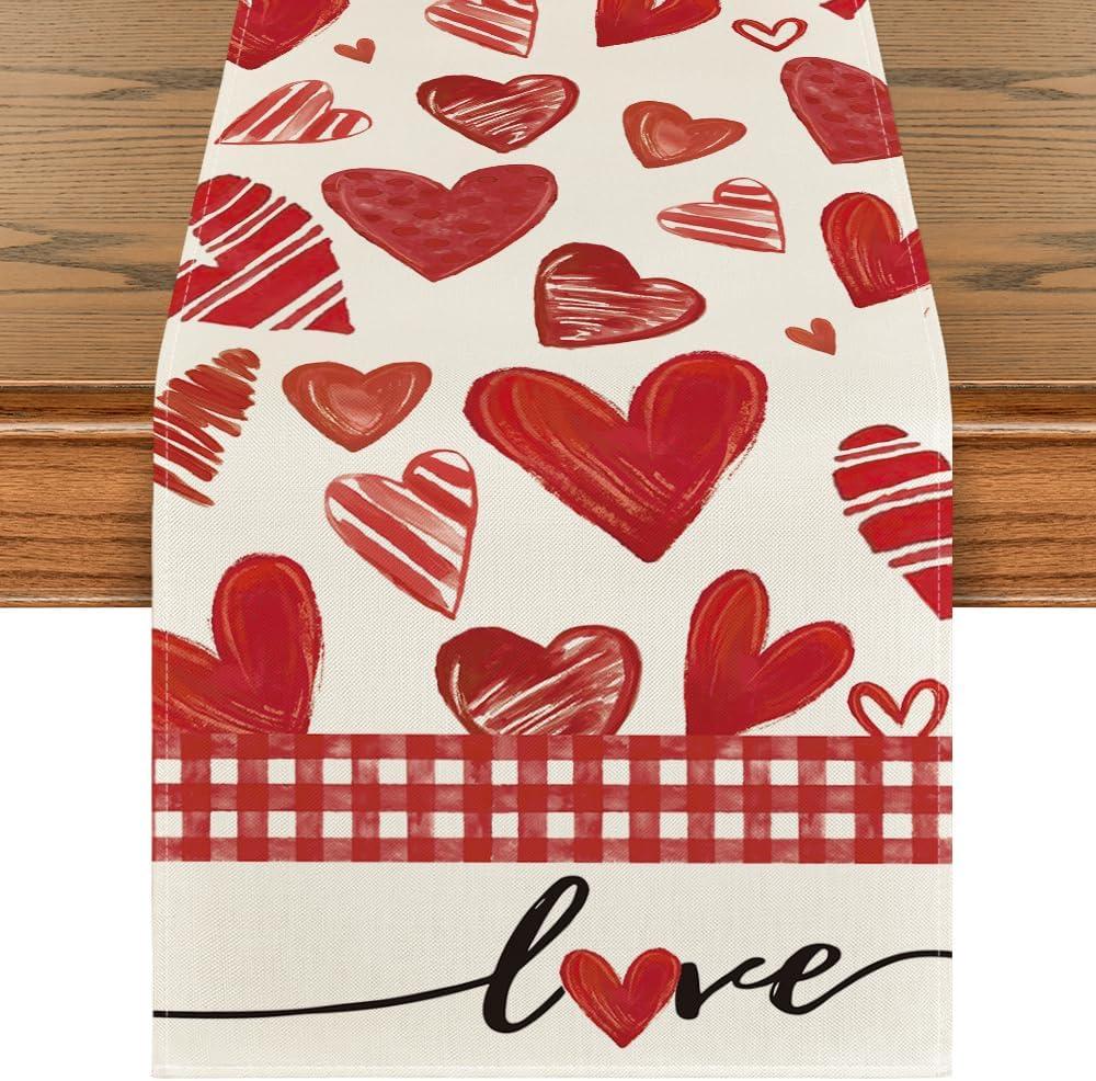 Artoid Mode Red Buffalo Plaid Love Heart Table Runner, Anniversary Kitchen Dining Table Decoration for Home Party Decor 13x120 Inch