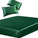 SiinvdaBZX 3-Piece Set Satin Twin Fitted Sheet & 2 Pillowcase, Emerald Green Silky Soft Fitted Bottom Sheet, Wrinkle Free, Fade Resistant, Deep Pocket Bed Sheet (Deep Up to 15")