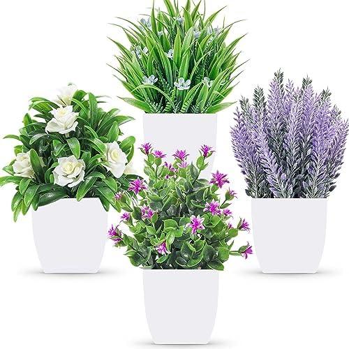 Der Rose 4 Pack Fake Plants Small Artificial Potted Faux Plants with Flowers for Home Bathroom Living Room Office Decor Indoor