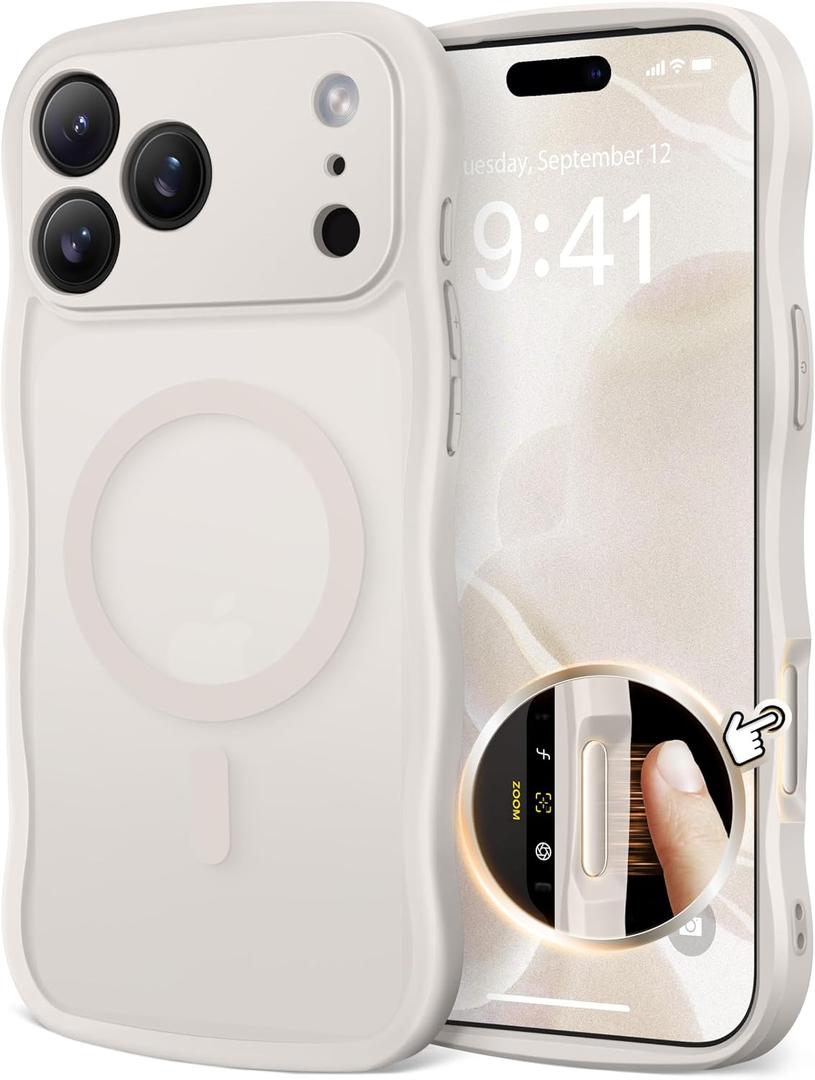 CAPRARO Magnetic for iPhone 17 Pro Max Case for Women Girls, Upgraded [Full Camera Protection] [Compatible with MagSafe] Cute Wave Translucent Matte Phone Case for iPhone 17 Pro Max, Stone