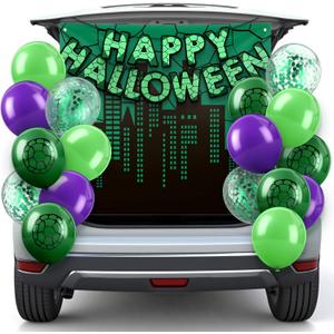 Civaner 19 Pcs Trunk or Treat Car Decorations Kit Happy Halloween Banner Green Turtle Themed Photography Backdrop Anime Theme Party Green Balloons Halloween Party Supplies for Photo Wall Door