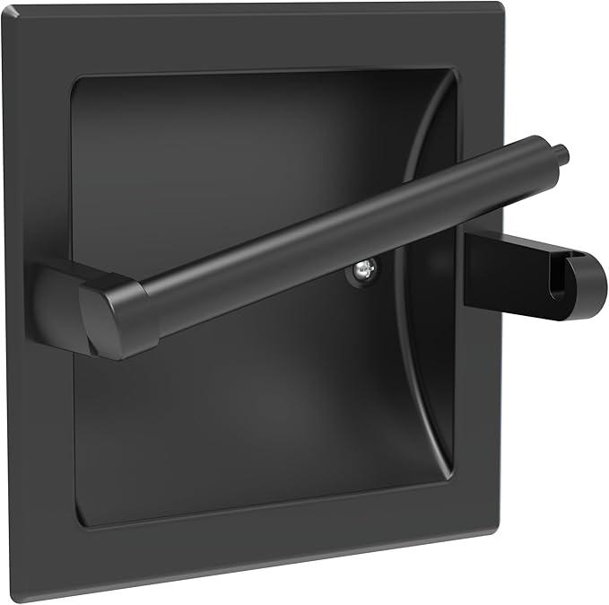 Matte Black Recessed Toilet Paper Holder for Large Rolls, Black Pivoting Toilet Paper Holder Wall Mount Stainless Steel, in Wall Toilet Paper Holder Black, Bathroom Toilet Paper Wall Holder