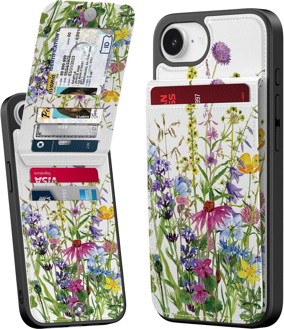 Bemal for iPhone 16e Wallet Case, Built-in 6 Card Holder, Fashion Printed, RFID Blocking, PU Leather Kickstand, Magnetic Closure, Shockproof Phone Cover for Women and Men, Blooming Floral