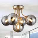 Sputnik Ceiling Light Fixture Smoky Glass Globe Chandelier Gold Globe Sputnik Chandelier 5-Light Semi Flush Mount Ceiling Light Fixture with Smoky Grey Glass for Kitchen Foyer Hallway