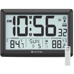 Atomic Clock Wall with Indoor/Outdoor Temp, Battery Operated Digital Wall Clock with 10.5" Large LCD Display, 330ft Range Desk Table Clock with Alarm, DST, Calendar for Living Room Bedrooms, Black