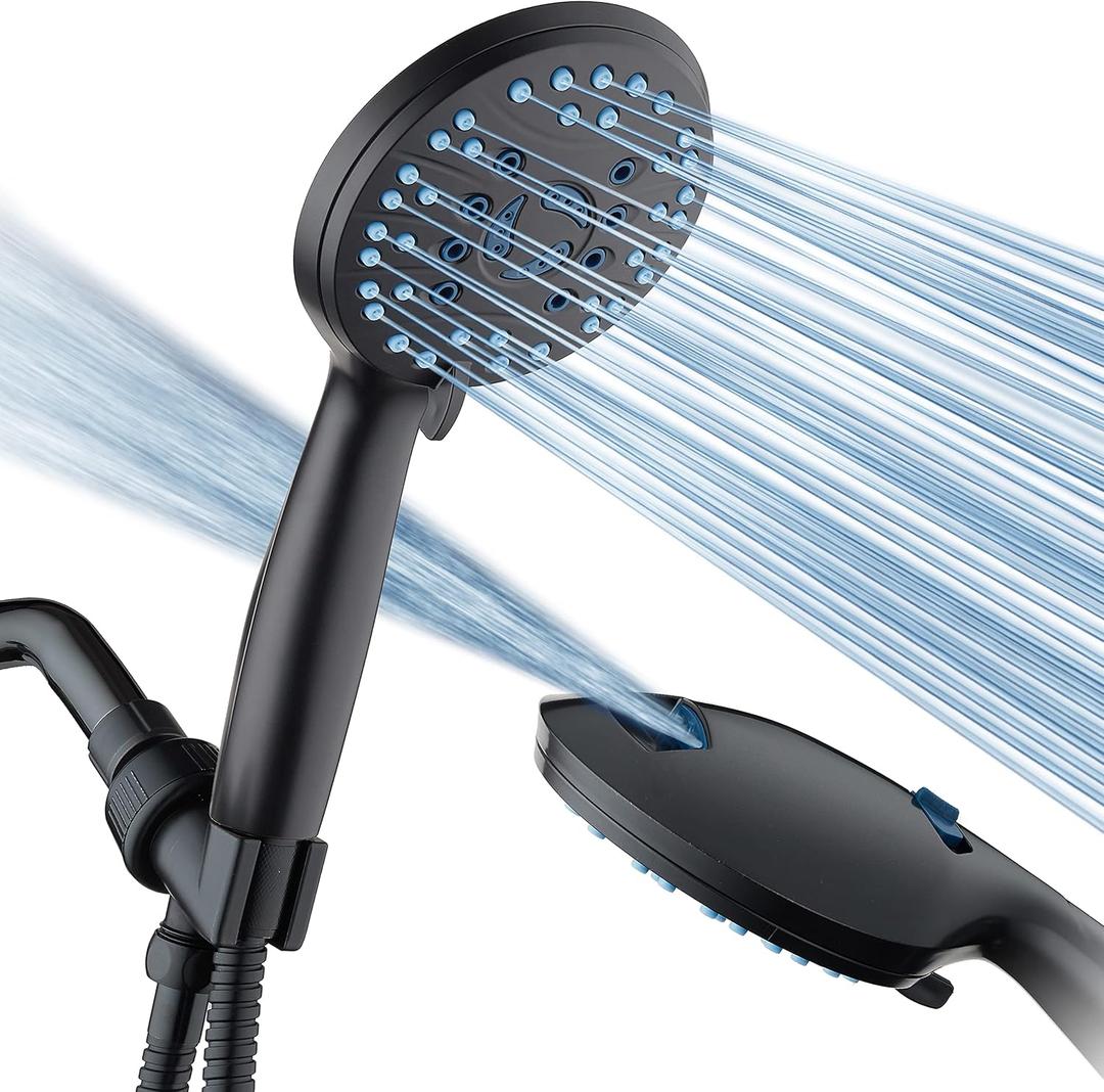 AquaCare High Pressure 8-mode Handheld Shower Head - Anti-clog Nozzles, Built-in Power Wash to Clean Tub, Tile & Pets, Extra Long 6 ft. Stainless Steel Hose, Wall & Overhead Brackets (Matte Black)