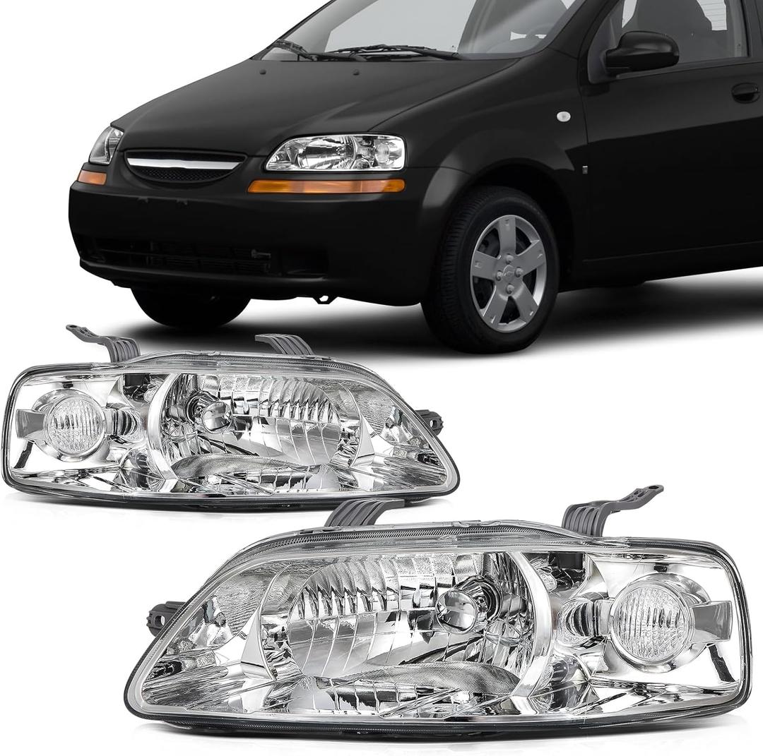 SCITOO Headlight Assembly Fit 2004-2008 for Chevy AVEO Titanium Clear Chrome Housing Pair Headlights GM2502241