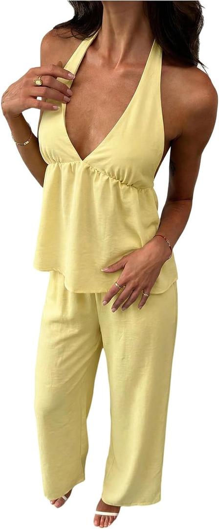 SOLY HUX Women's Summer Two Piece Set Deep V Halter Peplum Top and Pants Vacation Outfits Resort Wear, Size: S