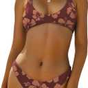 ZAFUL Women's Tie Back Padded High Cut Bralette Bikini Set Two Piece Swimsuit (1-Floral Mocha, S)