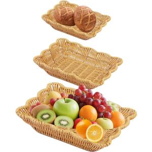 Woven Wicker Storage Baskets Set of 3, Scalloped Poly Rattan Serving Trays for Bread Fruits Vegetables, Kitchen Table Restaurant Decor Organizer (Large 11.5x9x2, Medium 10x8x2, Small 9x6.5x2)