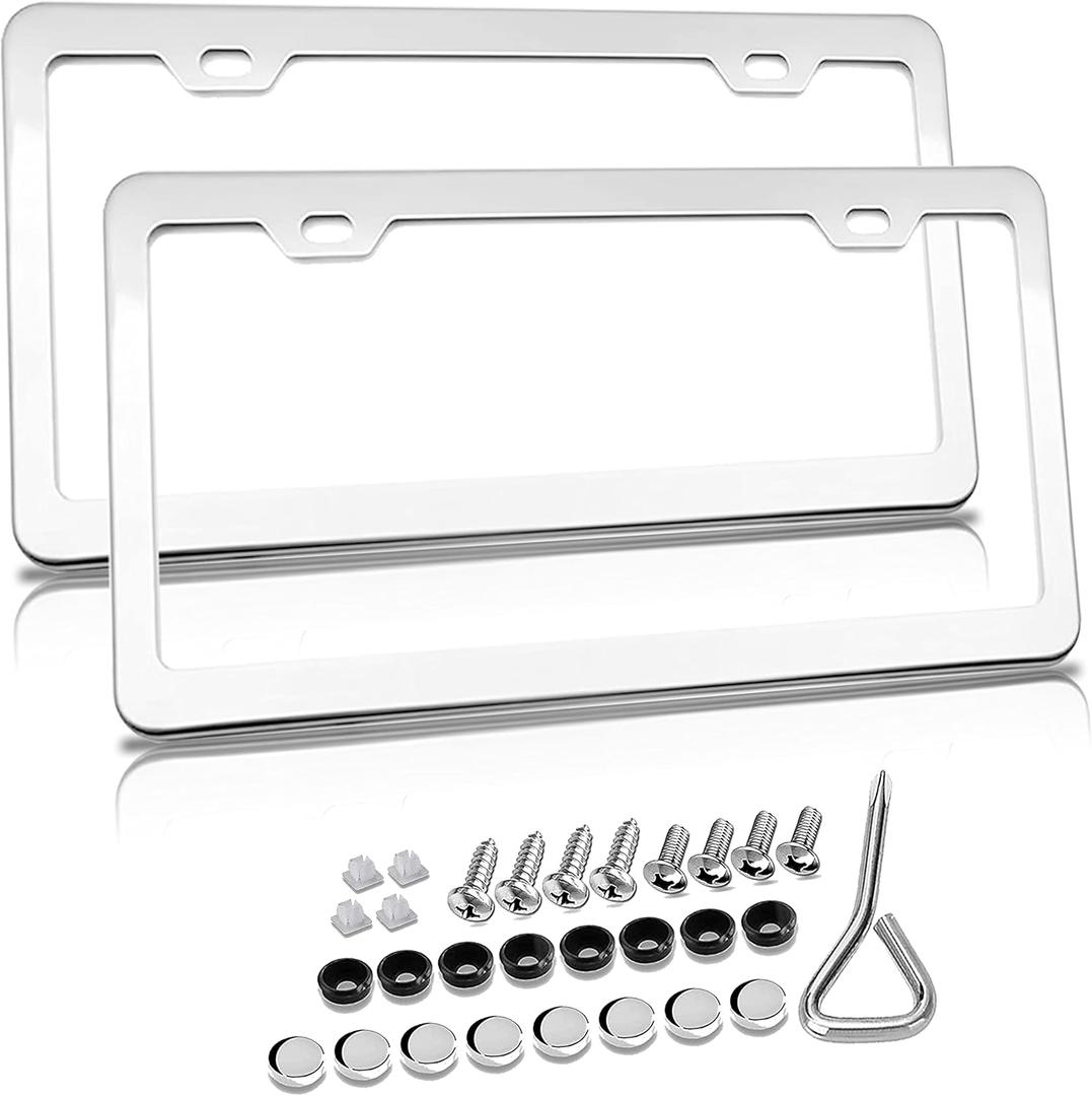 Silver License Plate Frame, Chrome License Plate Frame, Stainless Steel License Plate Frames for Men, White License Plate Frame, Slim License Plate Frame (2 Pieces)