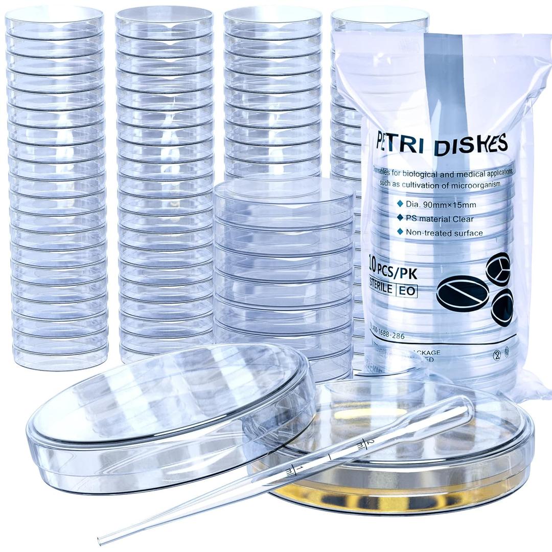 Pack of 100 Sterile Petri Dishes with Lids (90 x 15 mm), 2ml Plastic Pipettes for Lab Analysis, School Projects, Blood Samples, Bacteria, Plant & Seed Cultivation Petri Dish (100)