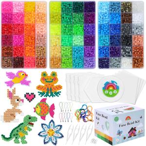 QUEFE Fuse Beads Kit of 72 Assorted Colors, 15000 5mm Beads Craft Kit Including Pegboard, Melting Beads, Ironing Paper, Tweezers & Colorful Hooks, Great Creative Arts and Crafts Set for Girls