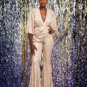 70s Disco Outfit Woman Sequin Jumpsuit Costume Outfits V-Neck for Women with Disco Ball Accessories (Gold, M)