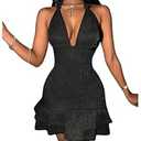 Milumia Women's V Neck Halter Bodycon Mini Dress Tie Backless Party Club Short Dresses Black X-Large