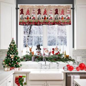 3 x Window Valance Rod Pocket Panel for Kitchen Bedroom Window Merry Christmas Gnome with Xmas Hat Valances Short Curtain Bathroom Treatment Drapes Rustic Wood Plank 42x18in