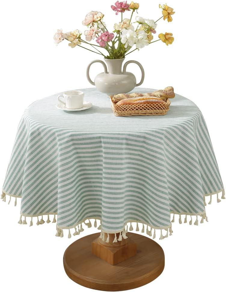 meioro Round Tablecloths Striped Tablecloth Cotton Blend Table Cloth Washable Tabletop Decorative Fabric Table Cover for Kitchen Dinning (Green, Round 60 Inch)