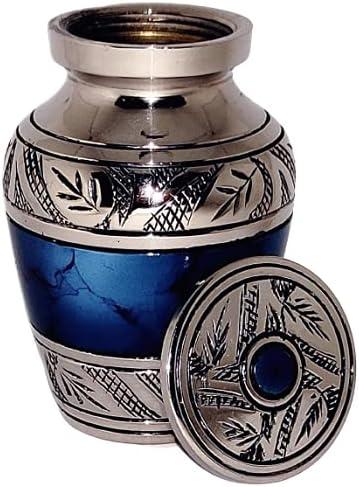 Classic Small Mini Cremation Keepsake Urn for Human Ashes  with Box and Velvet Box - 2.6 inch - Blue Fire Design - Made of Brass