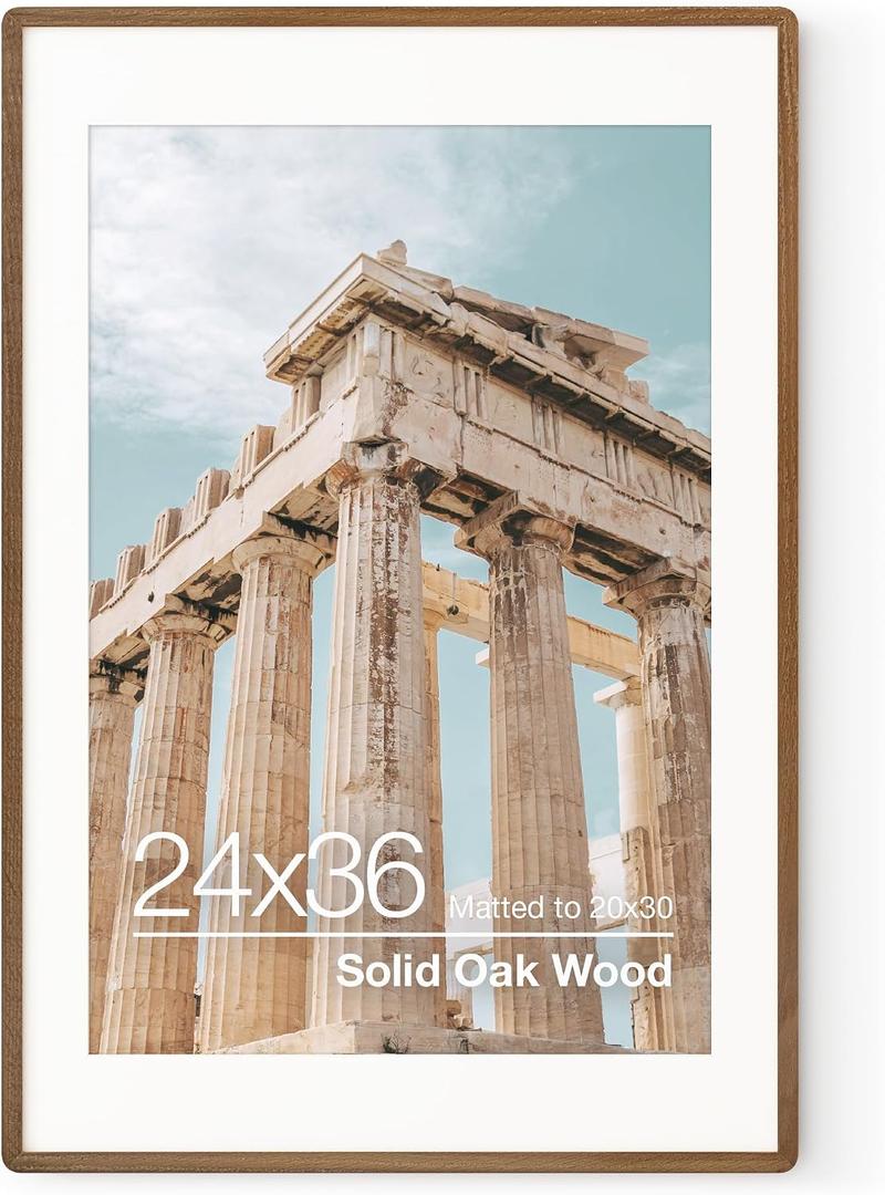 FLYJOE 24x36 Poster Frame | Solid Oak Wood 24 x 36 Picture Frame | 24x36 Poster Frame With Mat For 20x30 | Tempered Glass And Hanging Hardware Included | 36 By 24 Photo Frame Wood (Walnut, 1 Pack)