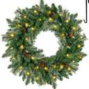 24" Pre-lit Christmas Wreath for Front Door, Timer Outdoor Wreath for Windows with Pine Needles, Pine Cones & Hanging Hooks, Battery Operated Artificial Wreath Decorations Indoors