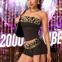 EHSUYAB 2000S Sexy 2 Piece Leopard Club Outfits, Ruched Tube Strapless Crop Top, Low Rise Booty Shorts Casual Going Out Rave (Brown, XS)