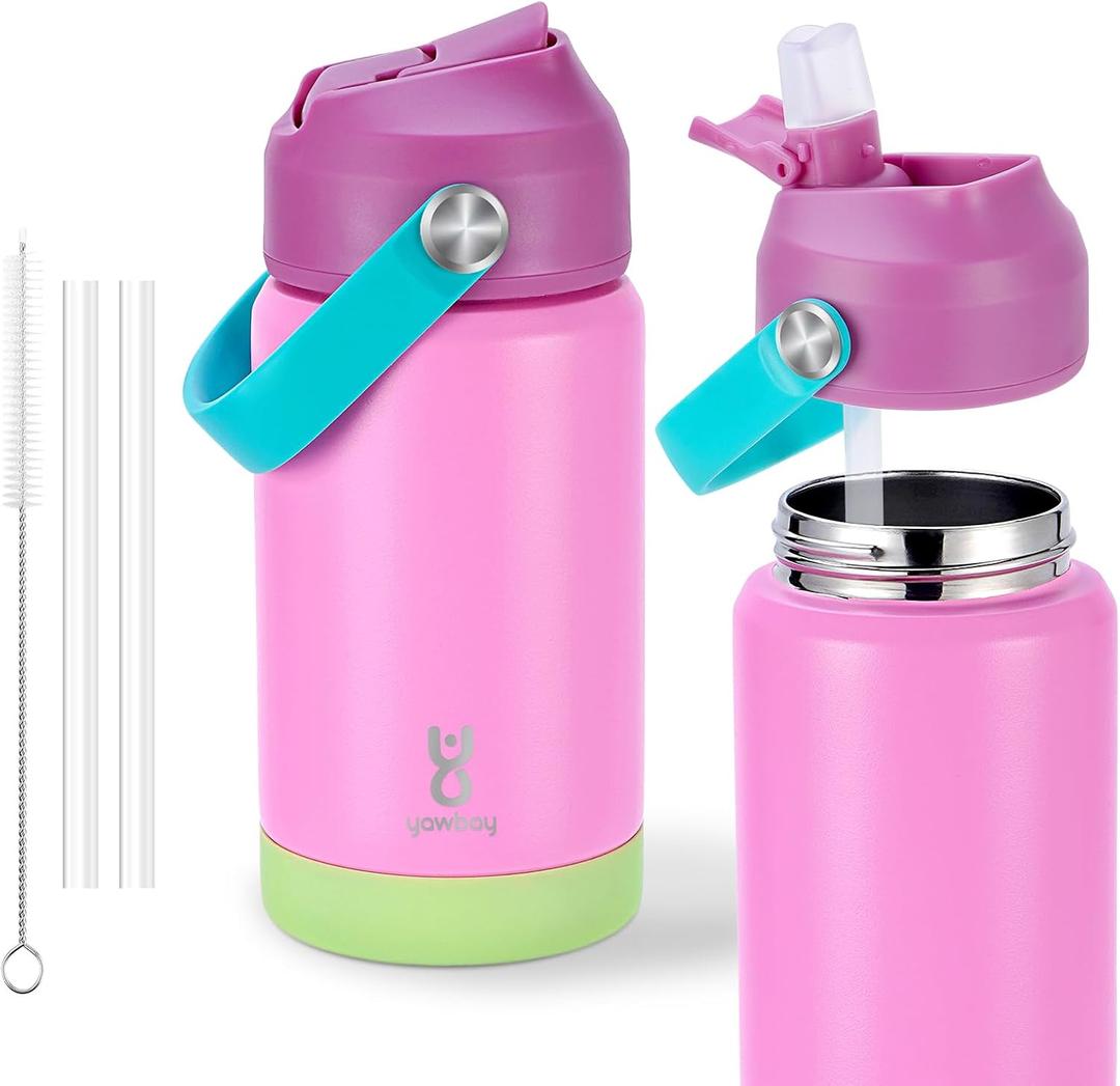 Kids Insulated Water Bottle with Straw Lid & Silicone Handle,12oz Kids Leak Proof Water Bottle for School Boys Girls,Double Wall Vacuum Stainless Steel with Non-slip Silicone Base(Pink)