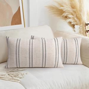 AELS 12x20 Decorative Farmhouse Linen Throw Pillow Covers, Boho Textured Pillow Case, Set of 2, Beige with White & Black Stitch Yarn Dyed Stripe Cushion Cover for Sofa Couch Living Room (Cover ONLY)