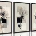 3Pcs Modern Abstract Floral Canvas Wall Art Minimalist Neutral Beige And Black Flower Botanical Painting Picture Wall Decor Poster Print Artwork for Living Room Bedroom Home Decoration Unframed (24L" x 16W")