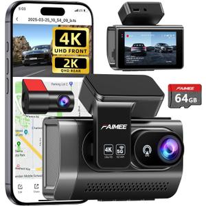 Dash Cam Front and Rear, 4K+2K Recording Dash Camera for Cars, Night Vision with WDR, 170 Wide Angle, 5.8G/2.4G Dual Wi-Fi, 64GB Card, Built-in GPS, G-Sensor Emergency Lock, 24H Parking Monitor