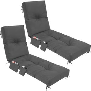 2 Pcs Outdoor Chaise Lounge Cushions with 3 Side Pocket 76x22x6 Inch Waterproof Long Deck Reclining Chair Cushions Fade Resistant Replacement Cushion for Furniture Lawn Pool (Dark Grey,Solid Color)