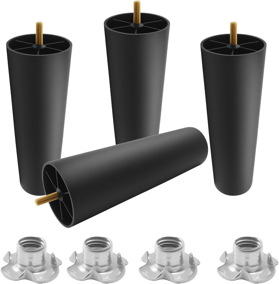BokWin 4 Pack 8 Inch Plastic Furniture Legs - Round Tapered Table & Sofa Legs with M8 Hanger Bolts, Replacement for Couch, Dresser, Cabinet, Chair, Bed, Coffee Table (Black)