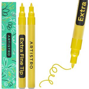 ARTISTRO 2 Yellow Acrylic Paint Markers - 0.7mm Extra Fine-Tip Paint Pens and  2 White Dual-Tip Acrylic Paint Pens - Multisurface Markers for Fabric, Plastic, & More, 1 mm Fine & Brush Tips