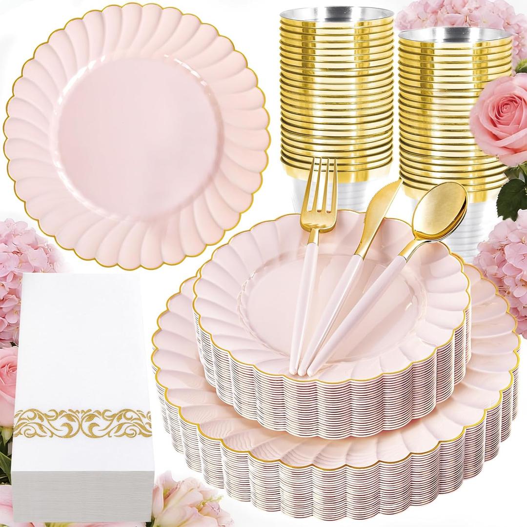 Ciaell 175 PCS Pink Scalloped Plastic Plates with Gold Trim - Pink Plastic Silverware with Handle - Fancy High-End Dinnerware Sets for Wedding & Baby Showers & Party & Mother's Day