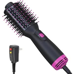 Dual Voltage Mini Hair Dryer Brush with UK/EU Plug, Blow Dryer Brushes 120V - 240V for European Travel, One Step Hair Dryer and Styler Volumizer with Negative Ion Anti-frizz Styling Brush (Black Pink.)