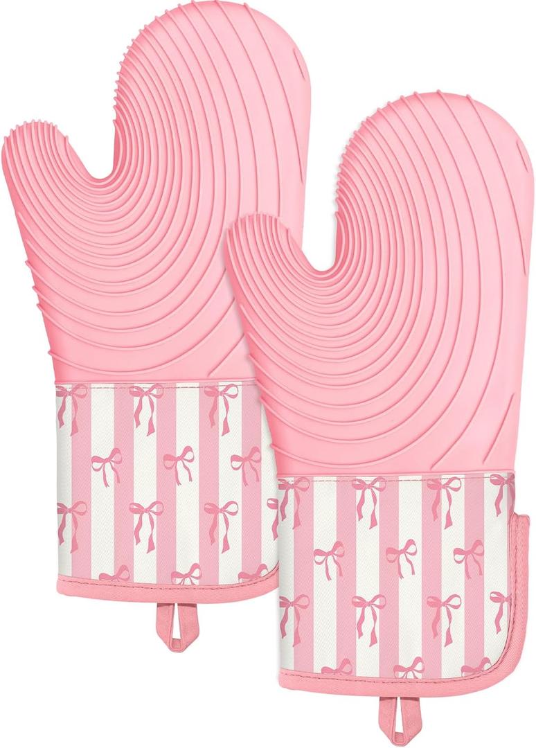 Slohif Long Silicone Oven Mitts Heat Resistant for Women - 2 Pcs Pink Bow 100% Cotton Oven Gloves, Non-Slip and Waterproof Silicone Oven Mitts with Hanger for Baking and Cooking