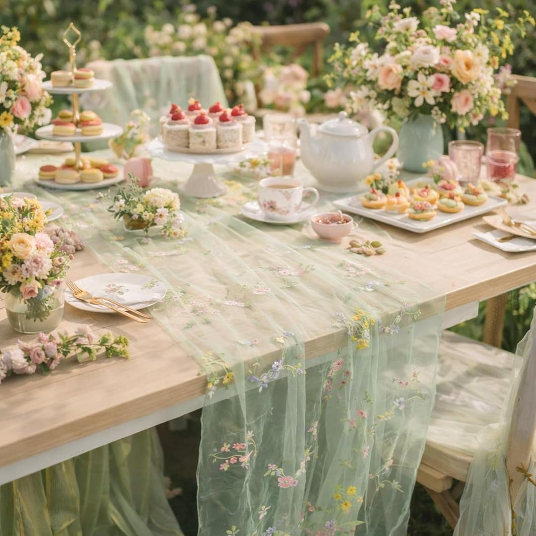 Remagr 9.8 ft Green Flower Table Runner Embroidery Flower Seasonal Table Decorations Tulle Fabric for Home Indoor Decor, Bridal Shower Wedding, Baby Shower Parties, Holiday DIY Craft Kitchen Decor