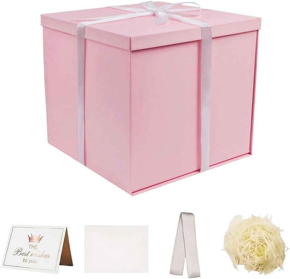 UoeRing Matte Pink Large Gift Box 1Pcs 12x12x11 Inch,Gift Box with Lid for Presents Birthdays,Christmas Valentine's Day,Mother's Day, with Ribbon Card Envelope Shredded Paper Fill