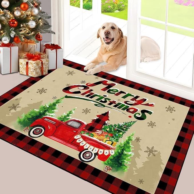 Svepndic 32"x47" Merry Christmas Door Mat Non Slip Welcome Doormat,Winter Xmas Holiday Floor Mat Washable Low Profile Entrance Doormat for Kitchen Indoor Outdoor Christmas Decor