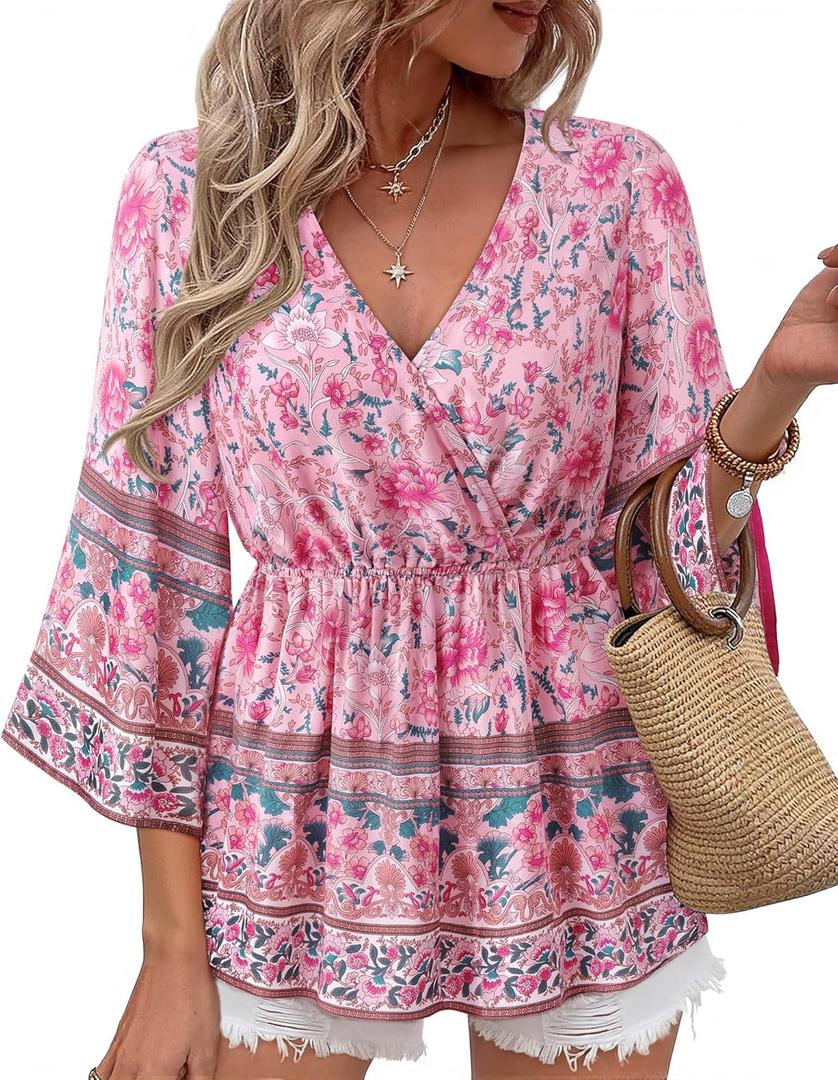 Bebonnie Womens 3/4 Sleeve V Neck Boho Dressy Casual Peplum Blouses Elastic Waist Tunic Tops 3XL