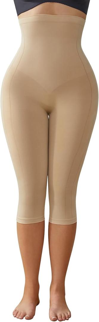 Compression Capri Leggings for Women Tummy Control Shapewear Pants High Waisted Trainer Leggings Thigh Slimmer (Large, Beige)