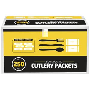 250 Disposable Cutlery Packets - Knife, Fork, Spoon, Napkin, Salt, Pepper Sets | Black & Silver Plastic Sets, Individually Wrapped Cutlery Kits