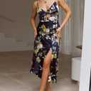 Fashionme Women Spaghetti Strap Midi Satin Dresses Tie Front Backless Slit Cutout Dress Semi-Formal/Casual Flowy Lightweight, Navy Blue, Small