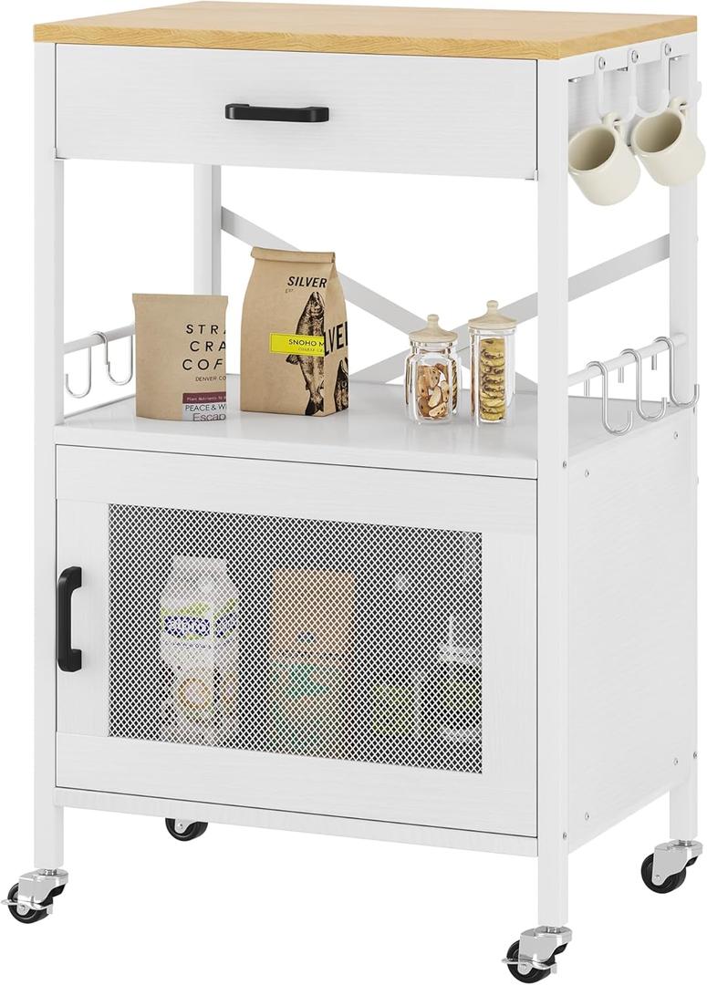 Homeiju Kitchen Island Cart, Kitchen Storage Cart with Drawer, Microwaves Stand, Coffee Cart, Rolling Kitchen Cabinet Cart with Hooks for Kitchen, Dining Room, White