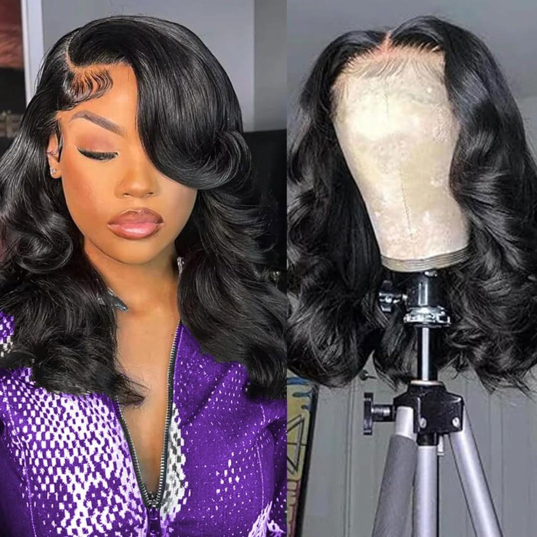 Bob Wig Human Hair 13x6 Lace Front Wigs 16 Inch Loose Body Wave HD Lace Frontal Wigs Glueless Wigs Human Hair Pre Plucked Wear and Go Short Bob Wigs for Black Women Natural Black Color