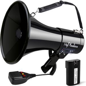 MyMealivos 50W Bluetooth Megaphone with Rechargeable Battery-Professional Bullhorn with Siren&240s Recording Supports USB/SD/3.5mm Aux-1600ft Range for Sports Police Emergency Outdoor Activities (Black)