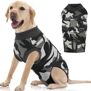 FUAMEY Dog Recovery Suit Male, Dogs Surgery Neuter Suits Puppy Spay Shirts for Female Protect Dog's Skin Anti Licking Abdominal Wounds Doggie Onesie Pet Bodysuit Alternative to Cone Grey Camouflage, XXL(Back:24.8-29.5in,WT:75+lbs))